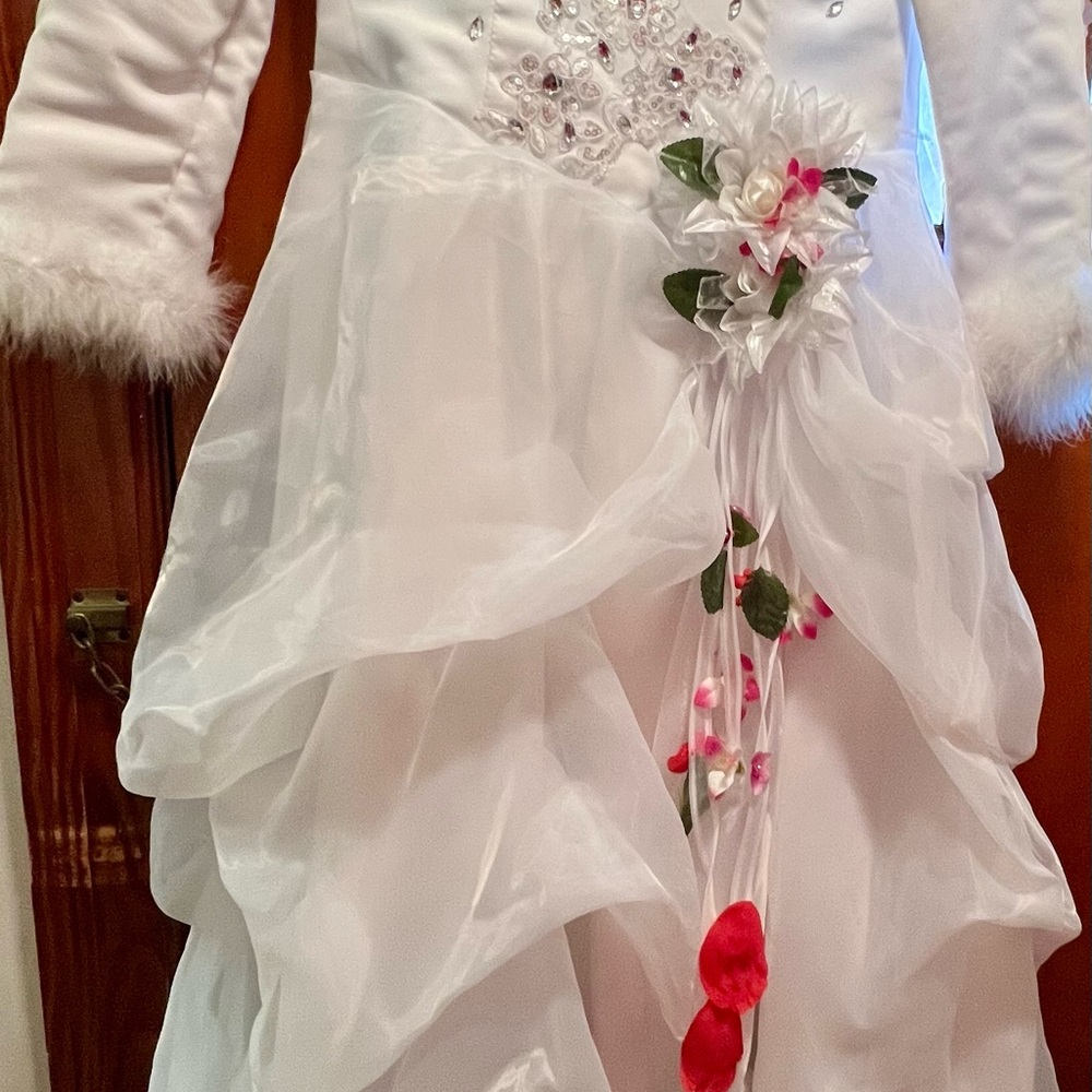 Elegant White Dress with Red & Pink Floral Accents